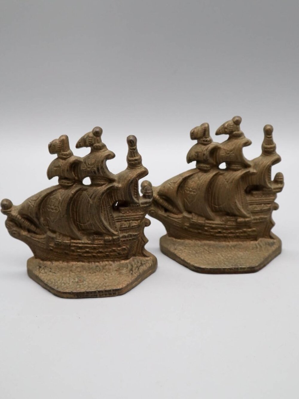 Pair Vintage Solid Brass Sailing Ship Galleon Bookends Nautical Maritime Decor